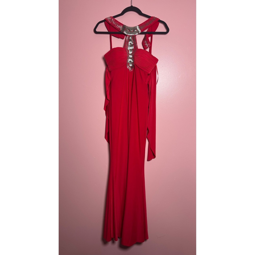 Jovani Evening Gown Womens 2 Red Embellished Halter Open Back Maxi‎ Dress